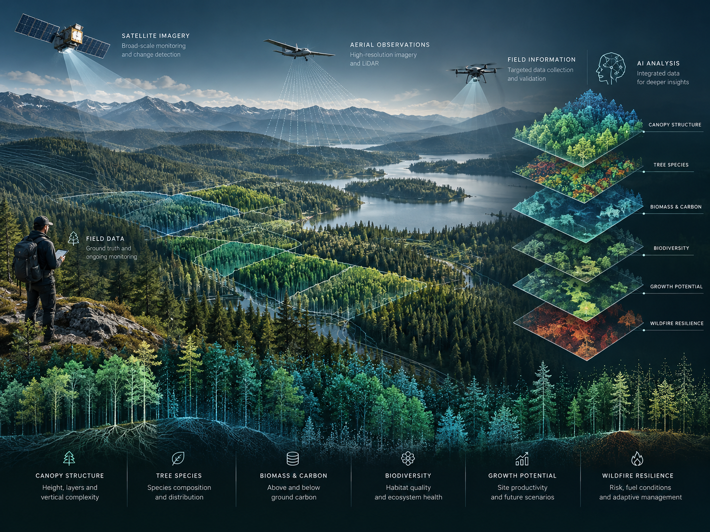 Conceptual illustration of satellite, LiDAR, field data and AI supporting climate-smart forestry