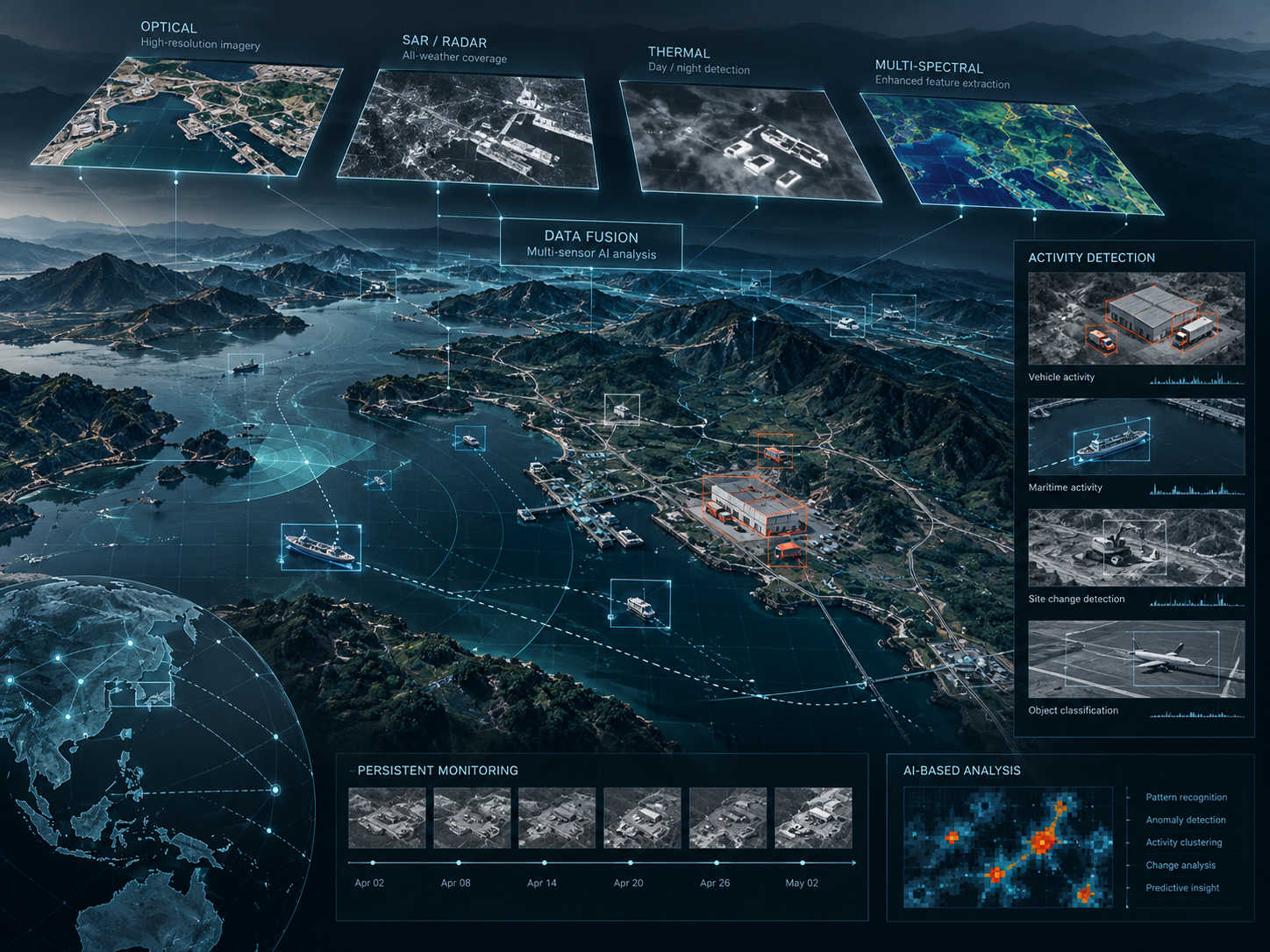 Conceptual illustration of multi-sensor data fusion, persistent monitoring and activity detection