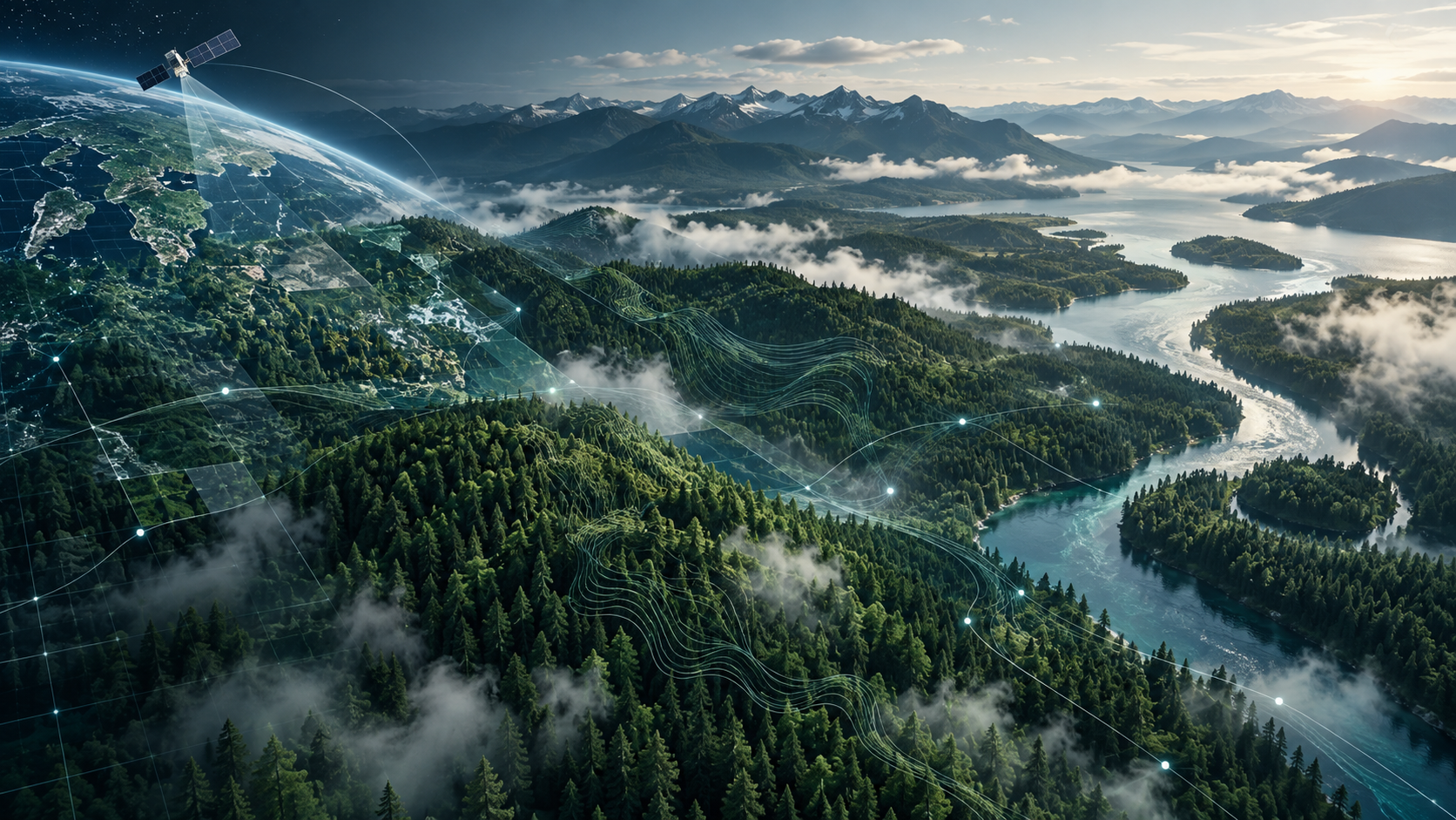 Conceptual illustration of a forest landscape with satellite Earth observation and geospatial intelligence overlays