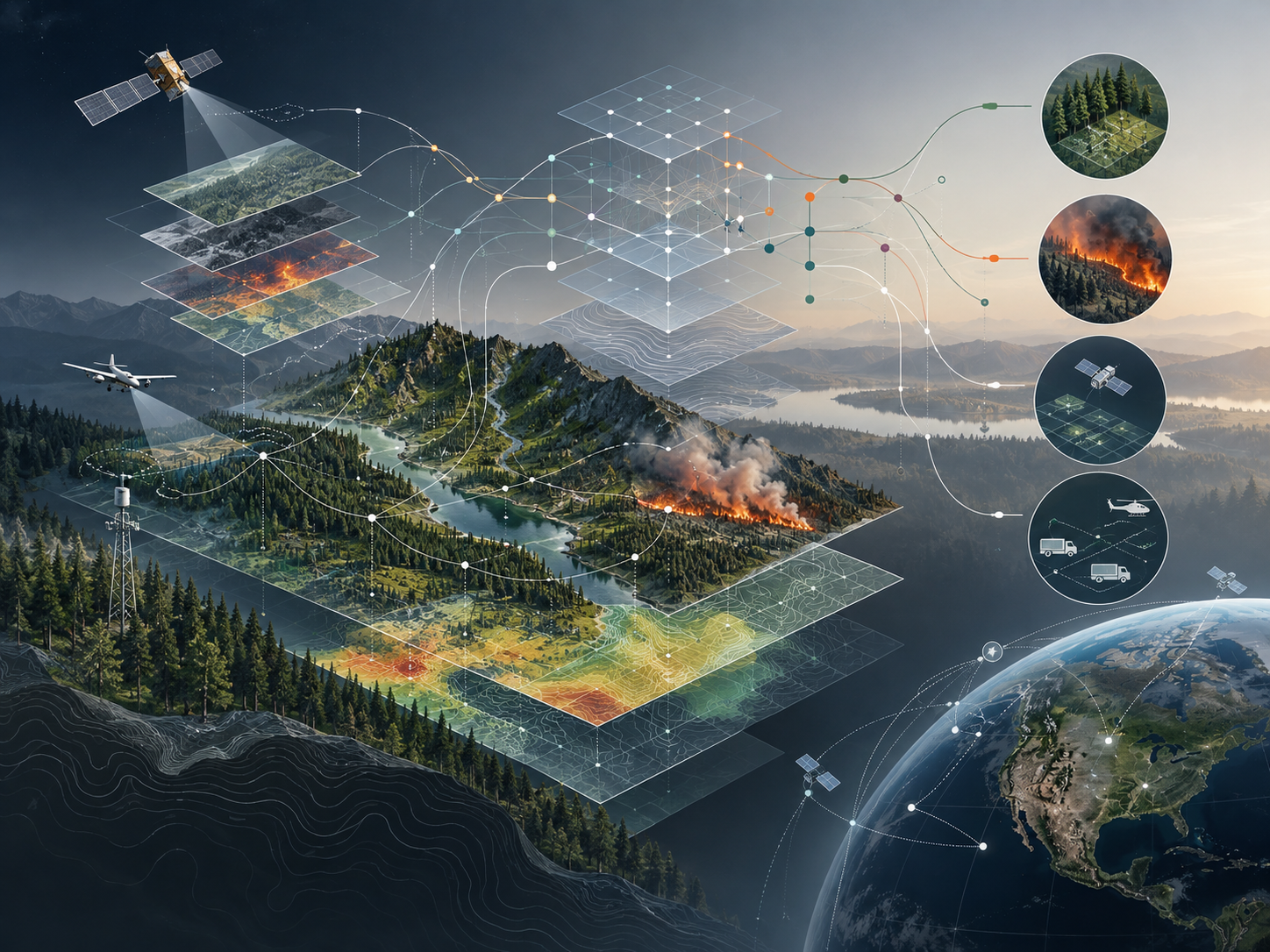 Conceptual illustration of quantum-inspired optimization for wildfire, forestry and Earth observation decisions